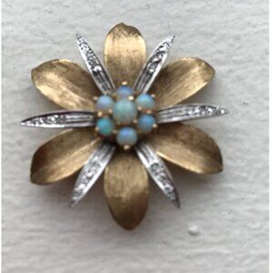Vintage Opal and Diamond Pin with 14K White and Yellow Gold